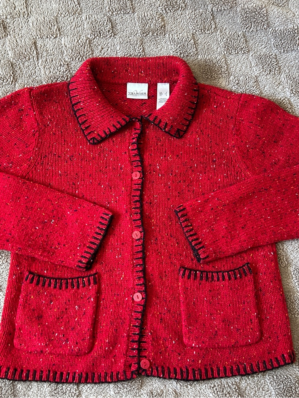 Vintage Villager Liz Claiborne Red Speckled Cardigan Sweater Small Cottagecore